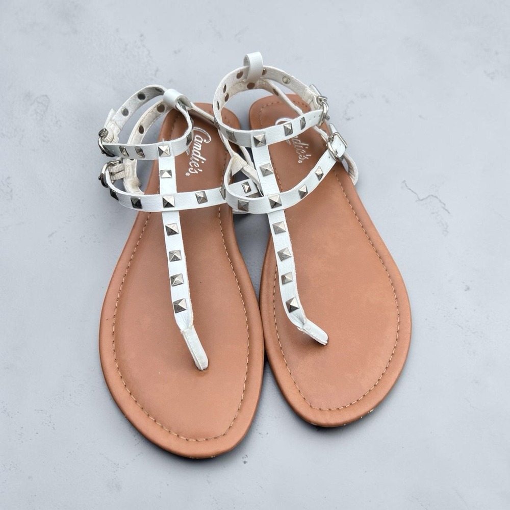 Candie's White Studded Gladiator Thong Sandals Women's Size 8 Ankle Strap
